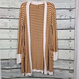 Magic Fit Camel White Stripe Long Cardigan Pockets Size L